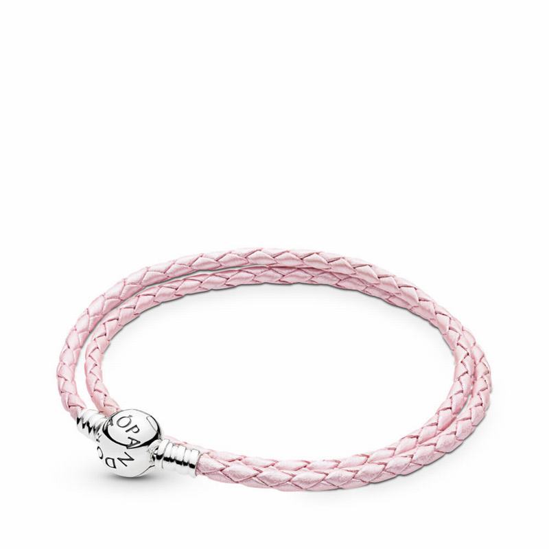 Pandora Pink Braided Double-leather Charm Bracelet Ireland - Sterling Silver/Leather/Pink - 786201QW